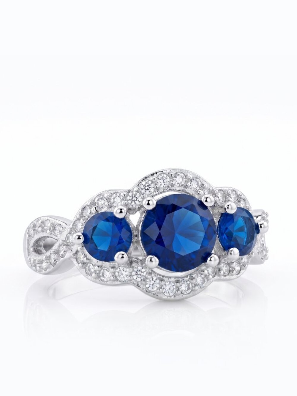 Three-stone blue sapphire cluster halo ring - 925 Sterling Silver Charmed Aroma